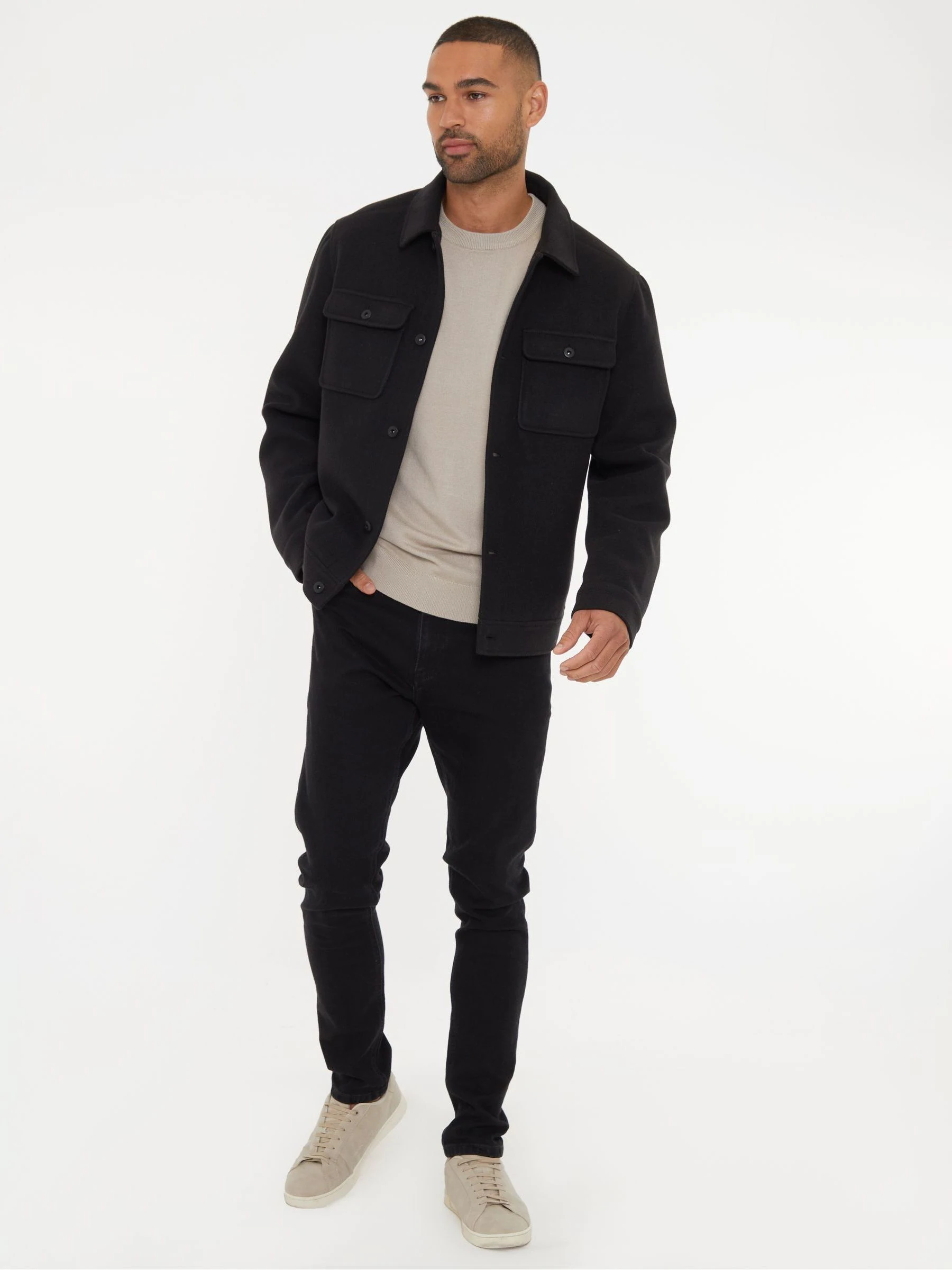Zwart - Threadbare Geborsteld overshirt met knoopsluiting