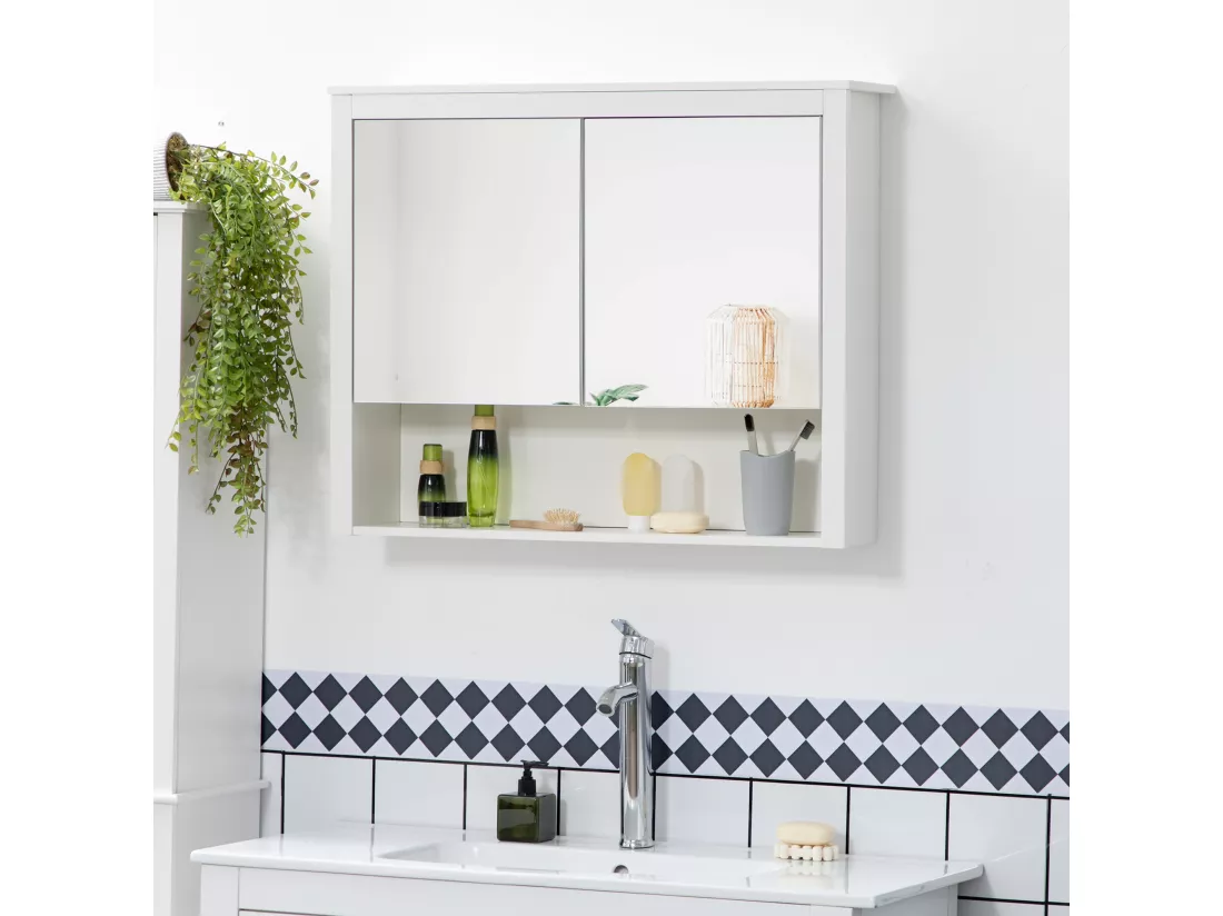Armoire miroir de salle de bain - 2 portes, étagère, niche - MDF blanc