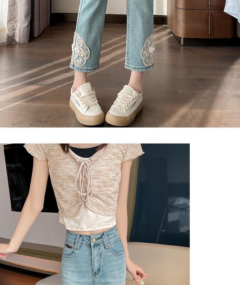 Wisjam - Hoge taille geborduurde gewassen cropped straight leg jeans