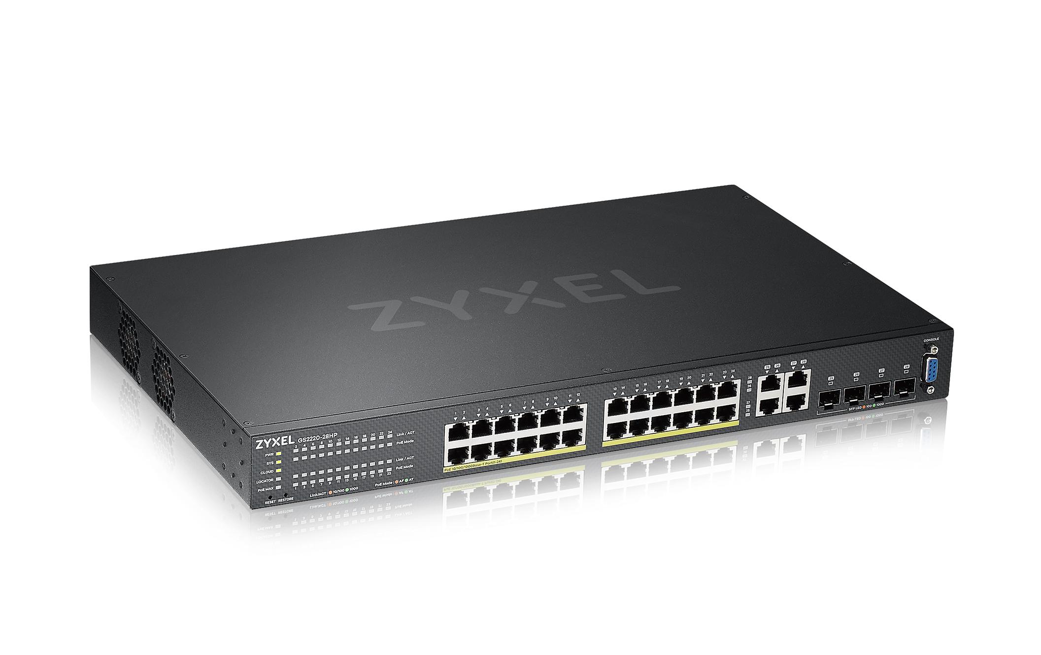 PoE+ Switch GS2220-28HP 28 Port<br>28-Port-GbE-Switch, Layer 2 managed, 24x GbE PoE 802.3at RJ-45 Ports, 4x GbE Combo-Port