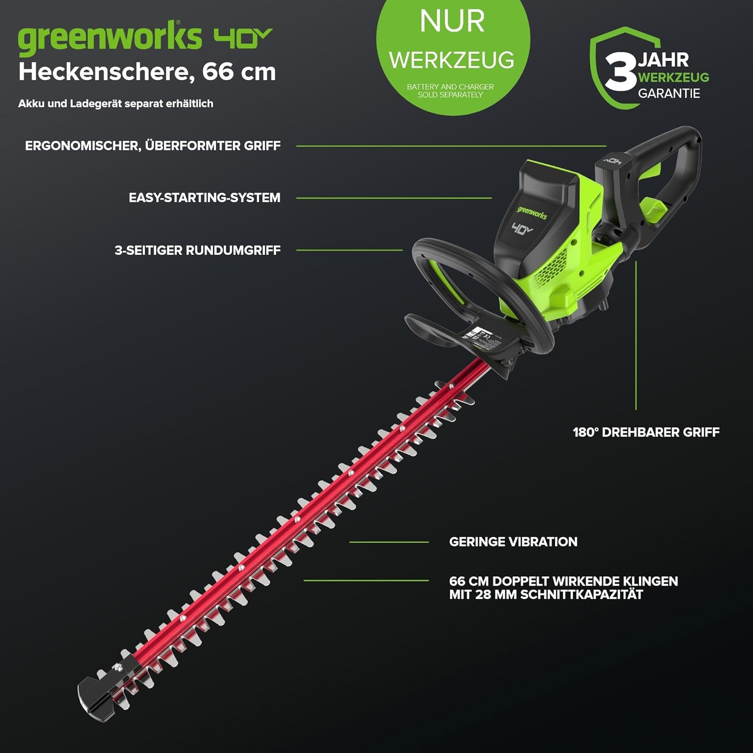 Greenworks Akku Heckenschere 66cm Dual Action Klinge, bürstenloser Motor Schneidet bis zu 28 mm Dicke Äste und Stämme, 3400 SPM OHNE 40-V-Akku und Ladegerät GD40HT66