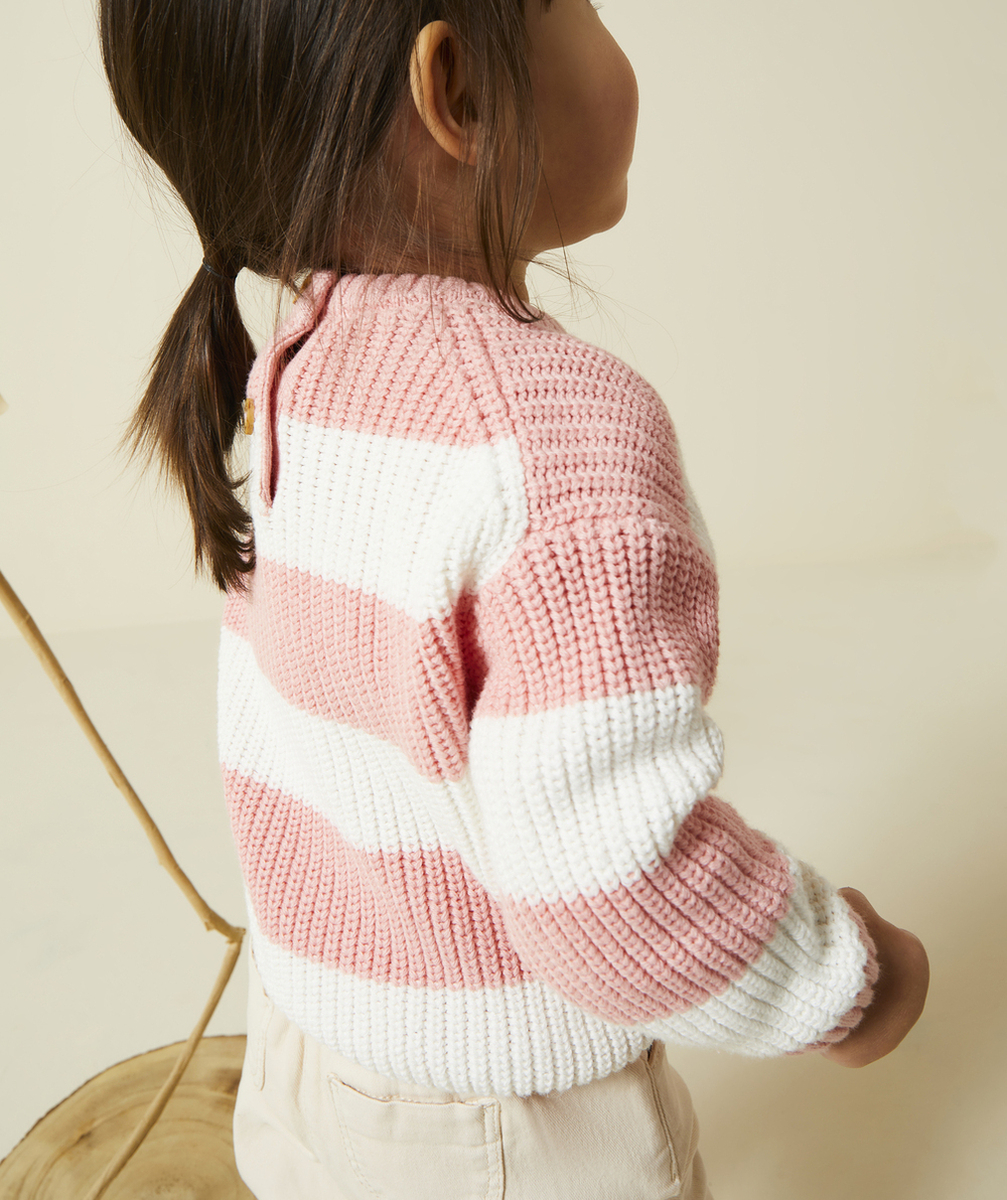 PULL TRICOT BÉBÉ FILLE EN COTON BIO AVEC RAYURES ROSE ET BLANC