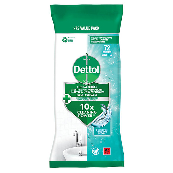Lingettes nettoyantes antibactériennes Dettol fraîcheur océane, paquet de 72