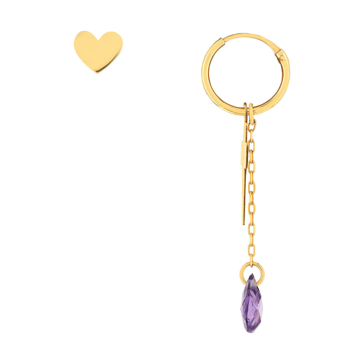 Boucles d'oreilles or 375 jaune coeur, croix et pendant zirconia violet