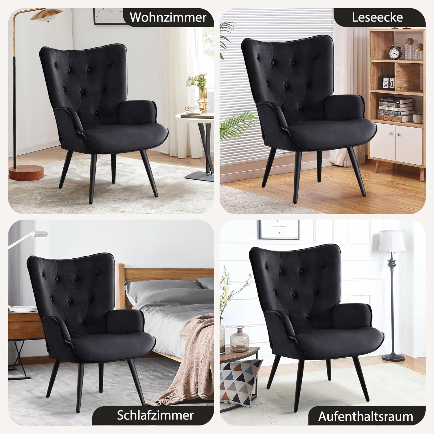 Ohrensessel Sessel Wohnzimmer 2er Set, Skandinavischer Stil Relaxsessel Samt mit Hoher Rückenlehne Loungesessel Polstersessel fürs Wohnzimmer Schlafzimmer Arbeitszimmer, Schwarz