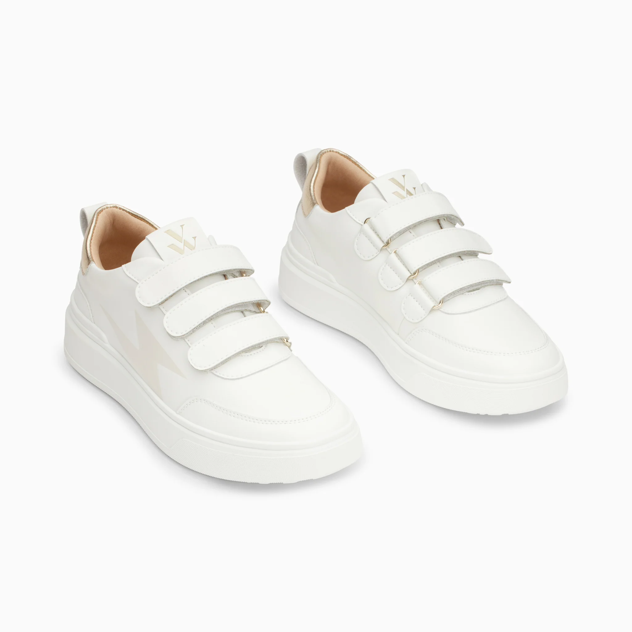 Sneakers-Baskets éclair Lison blanc et or à scratchs