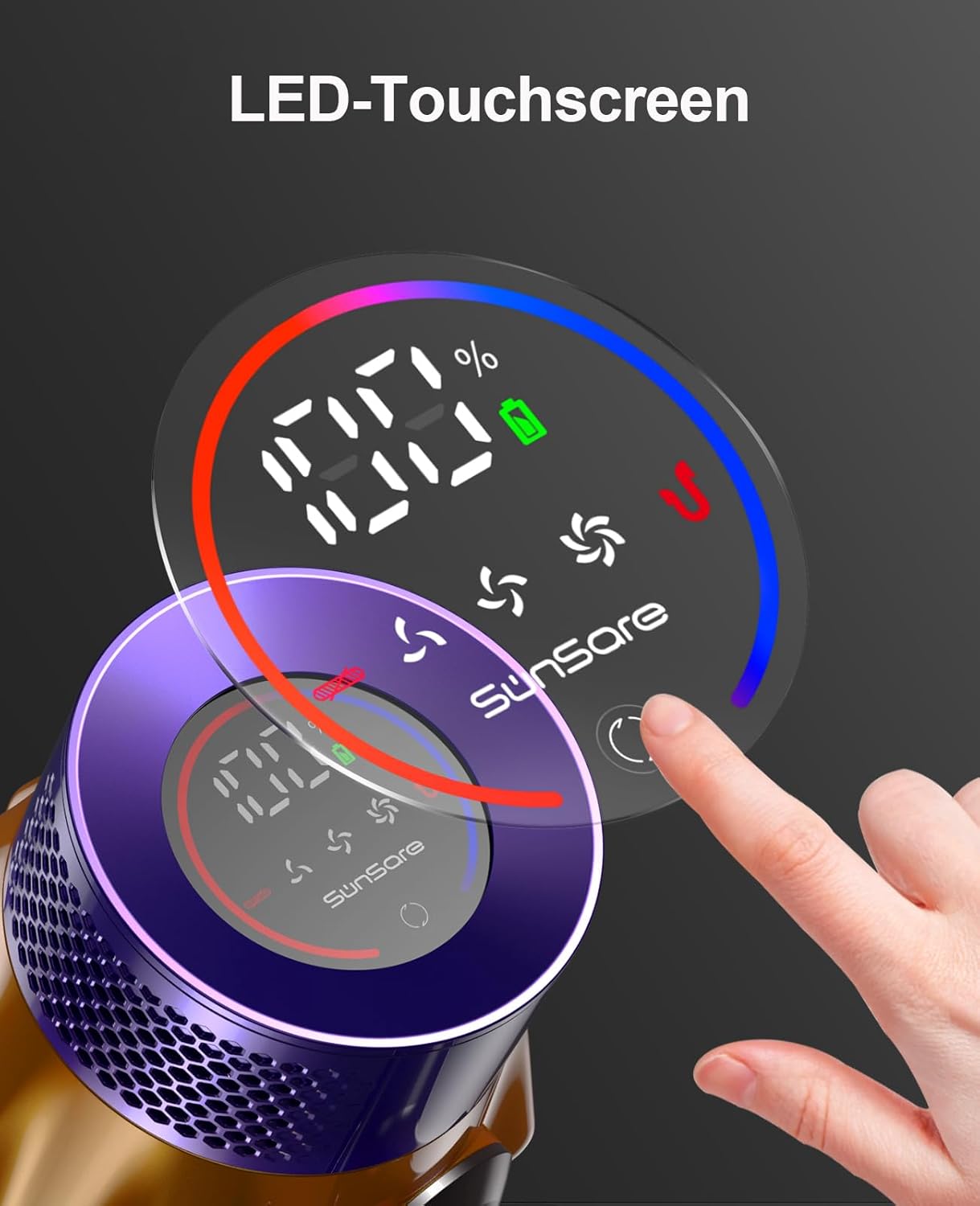 SunSare Akku Staubsauger 600W/50000Pa/65Min, Staubsauger Kabellos mit Smart Display und Ladestation, Leichter Antiverwicklung Akkusauger, Super Leise akkustaubsauger für Hartböden Teppiche Tierhaare