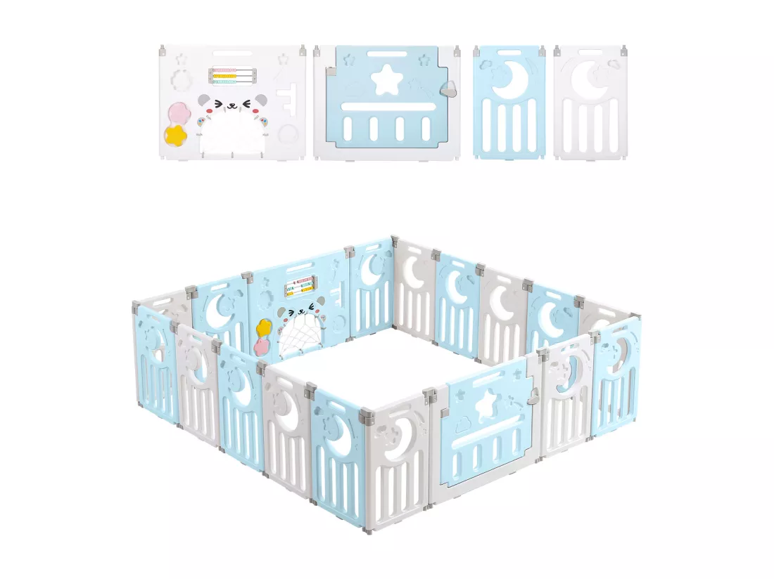 Parc Bébé 16+2 Panneaux,Barrière de Sécurité Portail Parc XXL,Grille de Protection en Plastiqu Ecologiques avec Porte,190x190cm-Bleu