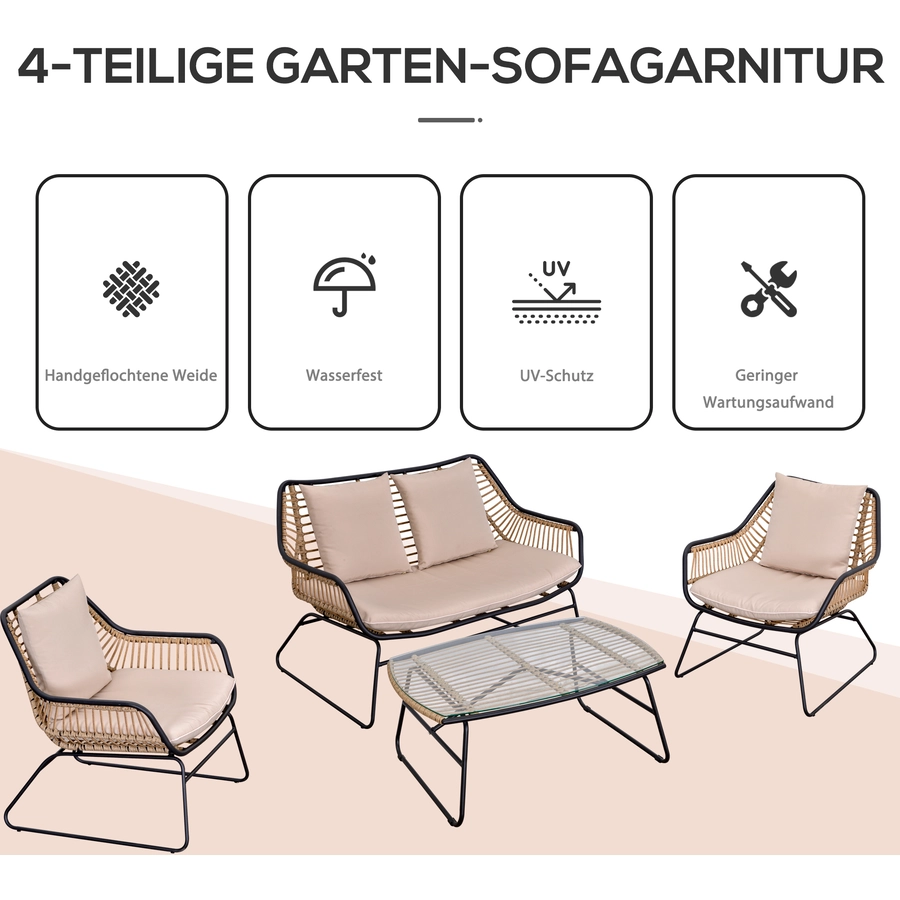 Outsunny Polyrattan Sitzgruppe mit Beistelltisch und Sitzpolstern, 4-teilig Khaki, Beige