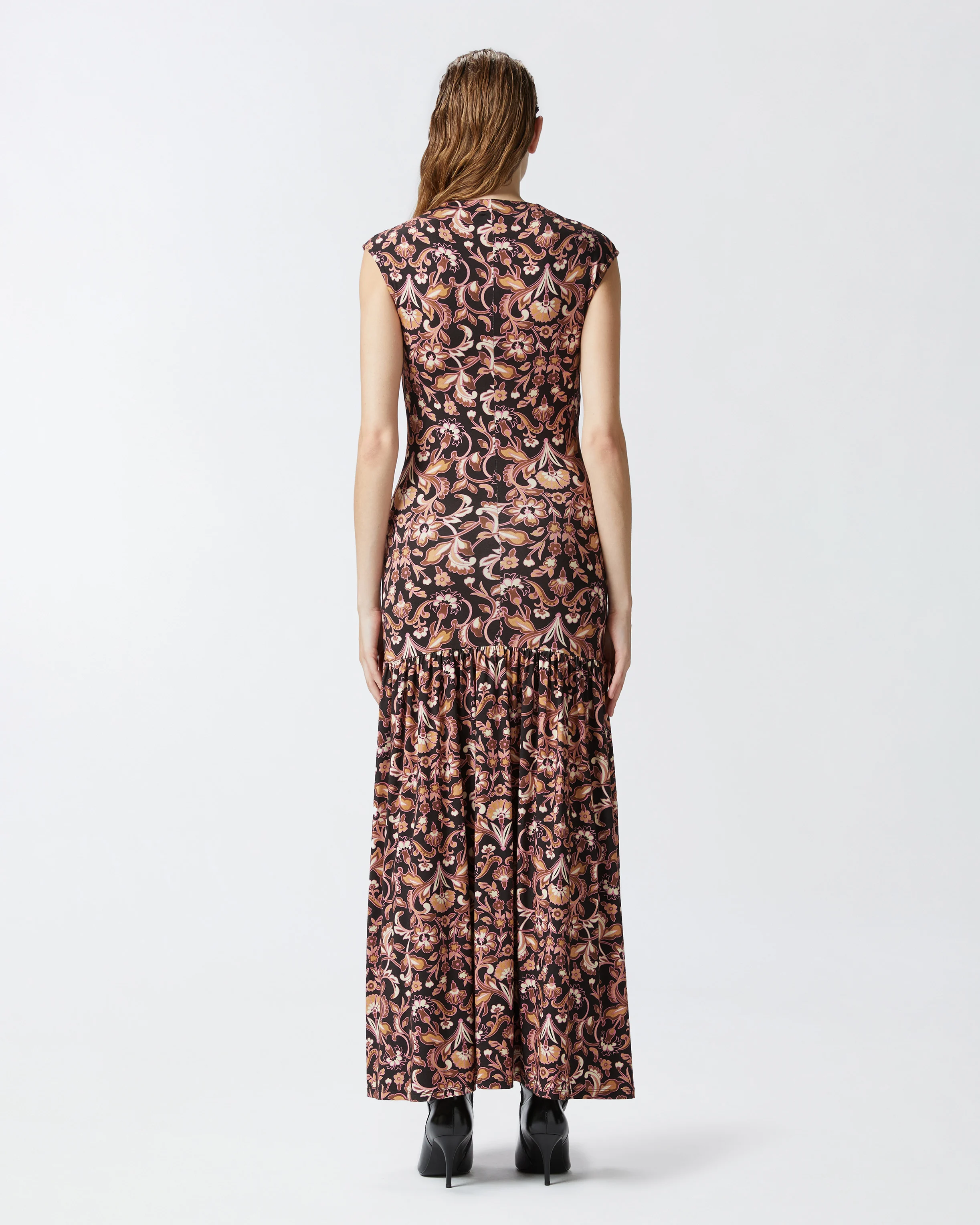 Robe longue à fleurs à base volantée | Marron