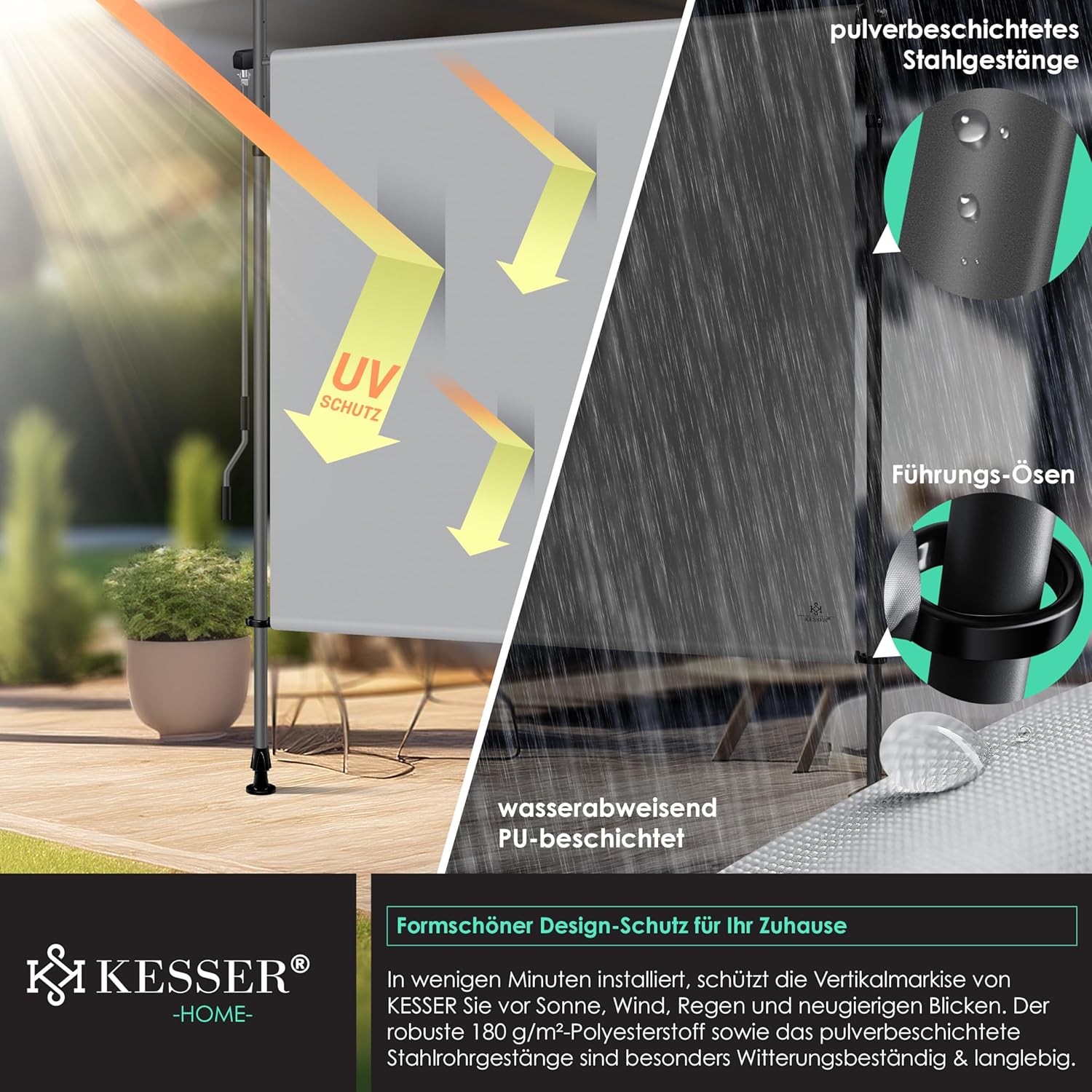 KESSER® Klemmmarkise Senkrechtmarkise 200x310cm Ausziehbar & Blickdicht Vertikalmarkise mit Handkurbel ohne Bohren Balkon-Sichtschutz & Windschutz für Garten & Terrasse Wasserfest Grau