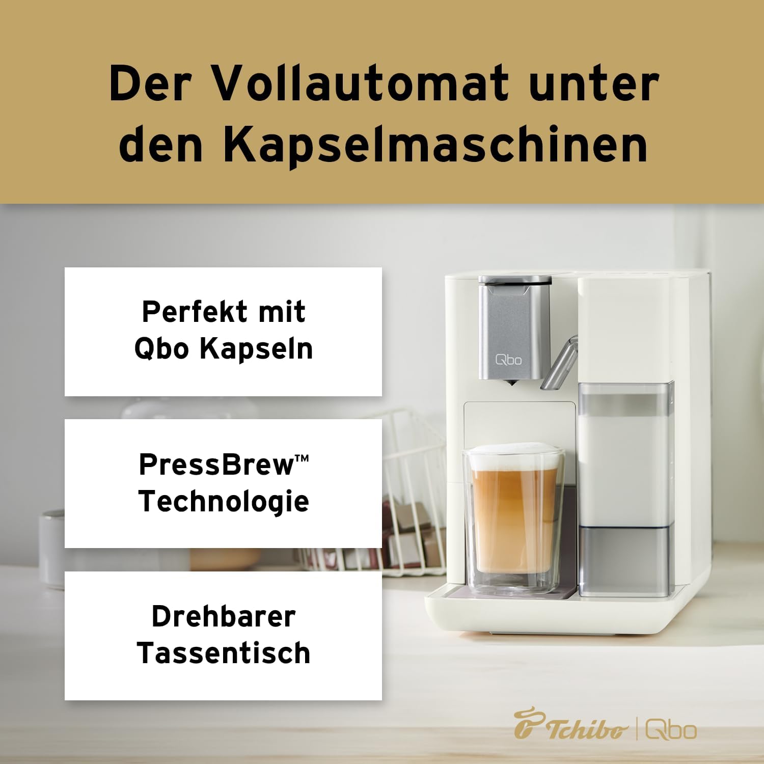 Tchibo Qbo MILK MASTER Premium Kapselmaschine inkl. 16 recyclebare Qbo Kapseln für Cappuccino, Espresso, Caffè Crema, Milchschaum auf Knopfdruck mit abnehmbarem Milchtank 300ml, White Cashmere