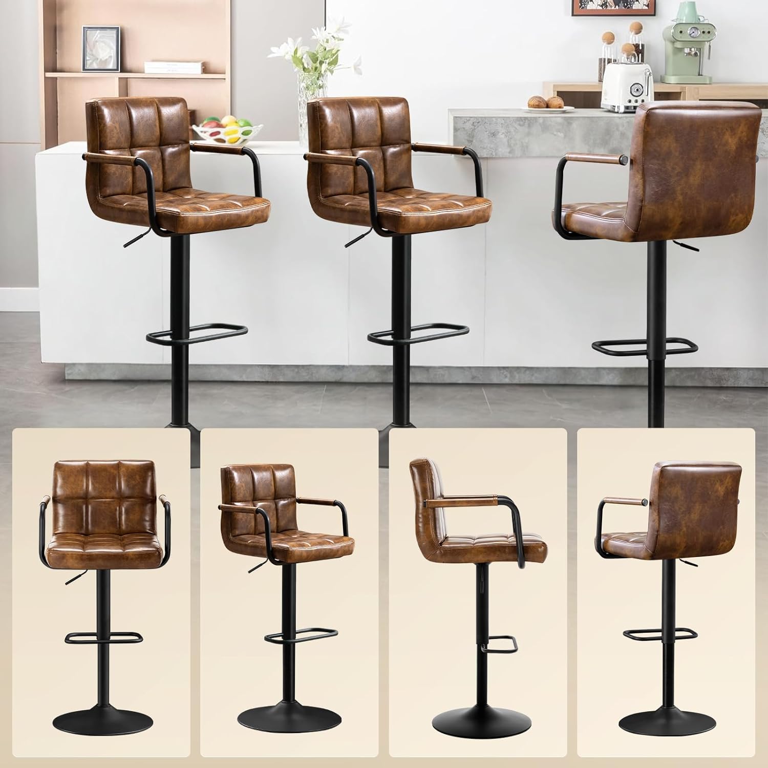 Barhocker 2er Set, Barstuhl höhenverstellbar aus PU-Leder, 360°Drehstuhl Küchenstuhl mit Armlehnen, Rückenlehne und Fußstütze für Küche, Wohnzimmer, Esszimmer, Gelbbraun