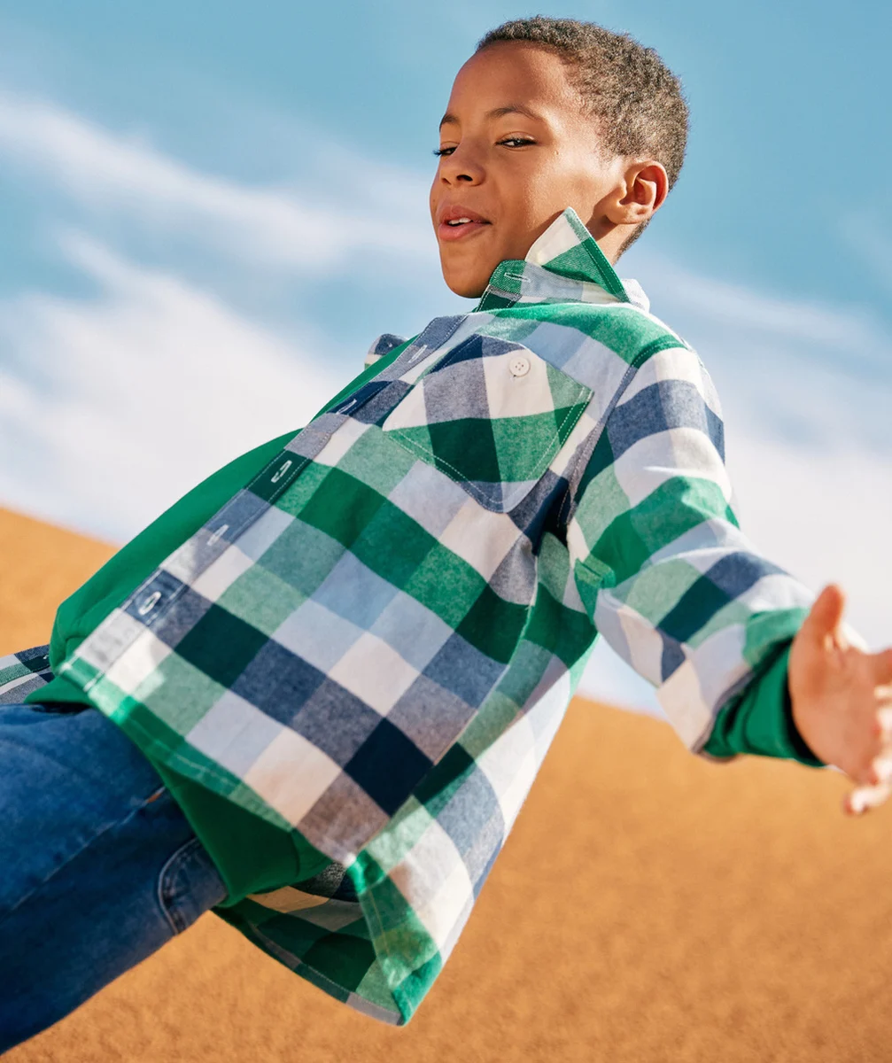 CHEMISE À CARREAUX GARÇON EN COTON BIO BLEU MARINE ET VERT