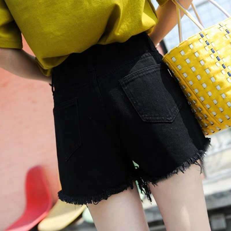 KONGER - Hoge taille, effen, gerafelde, versleten, wijde denim shorts
