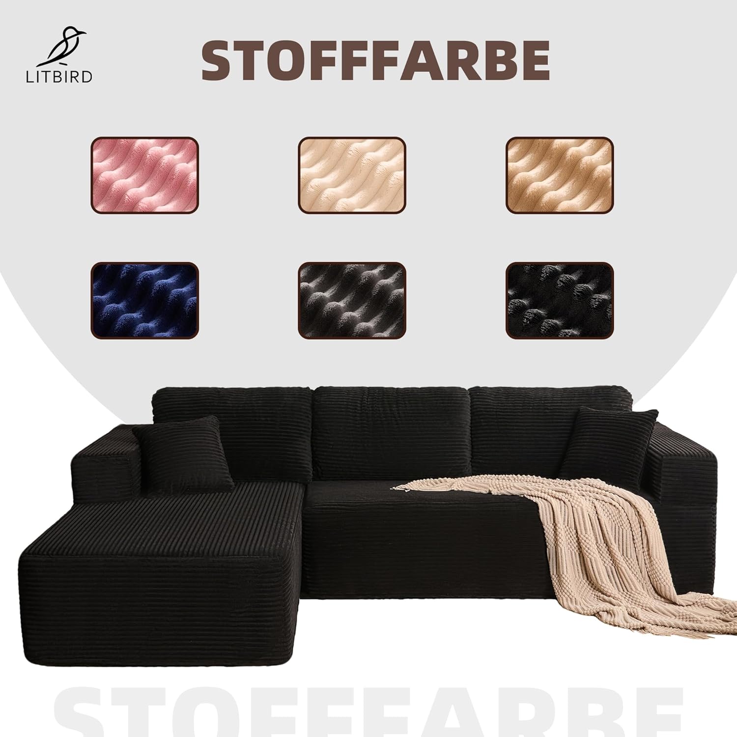 Modulares L-förmiges Ecksofa mit Schlaffunktion – rahmenloses Schlafsofa mit Chaiselongue Links, extra tiefer Sitzfläche, montagefrei, für Wohnzimmer,Schwarz