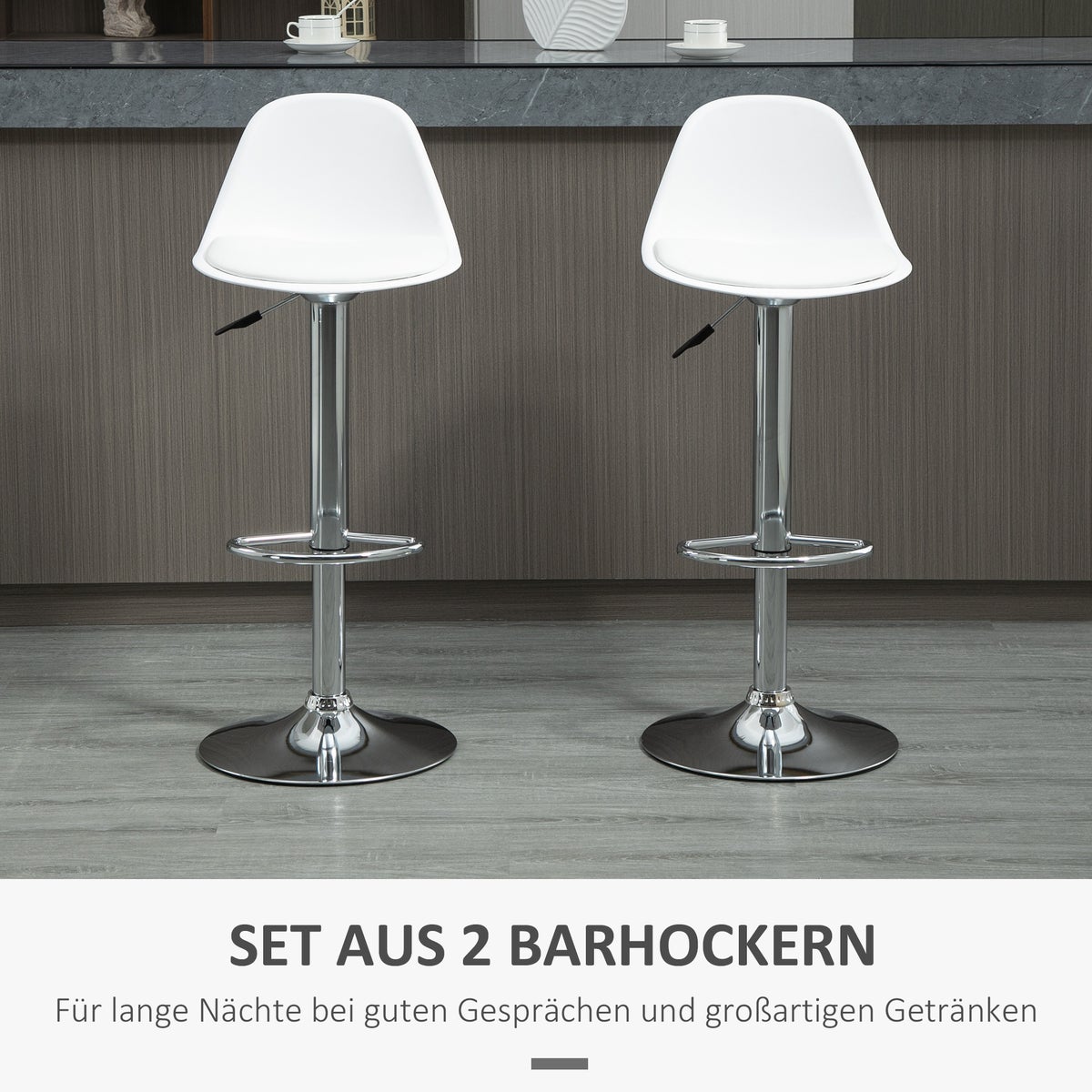 HOMCOM Set van 2 barkrukken, draaistoelen met rugleuning, modern design, in hoogte verstelbaar, voor bar/keuken, wit, kunstleer, staal, tot 120 kg, 40 x 42 x 82-104 cm