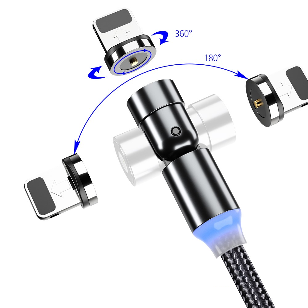 (1m) 3in1 USB A auf USB C / Micro USB / Lightning Ladekabel Magnetisches Nylon 540° Datenkabel mit LED - Schwarz