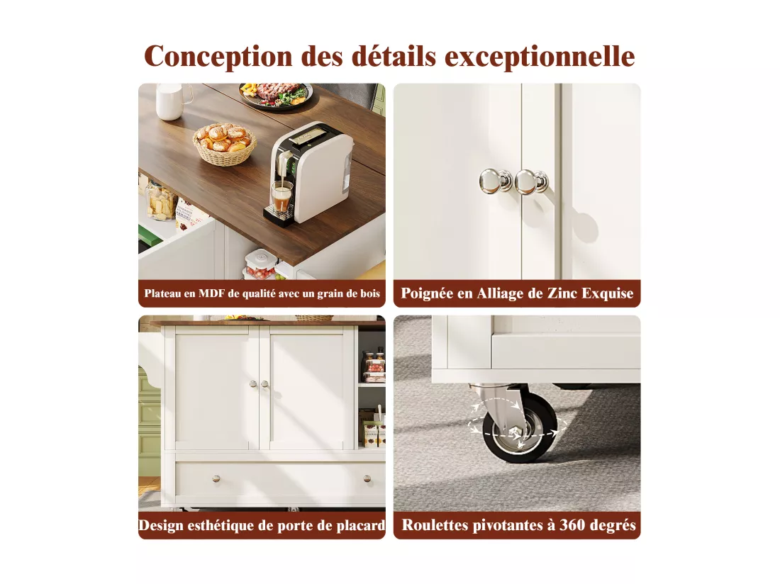 Ilot central de cuisine mobile avec 2 portes, 1 grand tiroir et compatiments - Plateau extensible - 128x46/71x92.5 cm - MDF - Blanc + marron