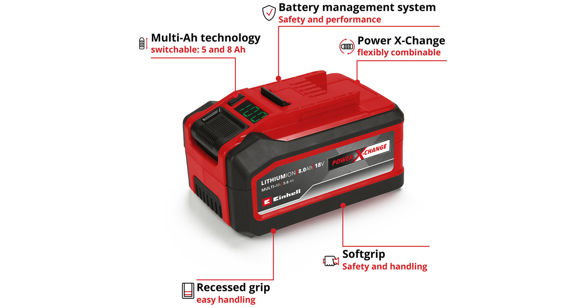 EINHELL18V 5-8Ah Multi-Ah PXC Plus Accu oplaadbare batterij  (Rood/zwart)