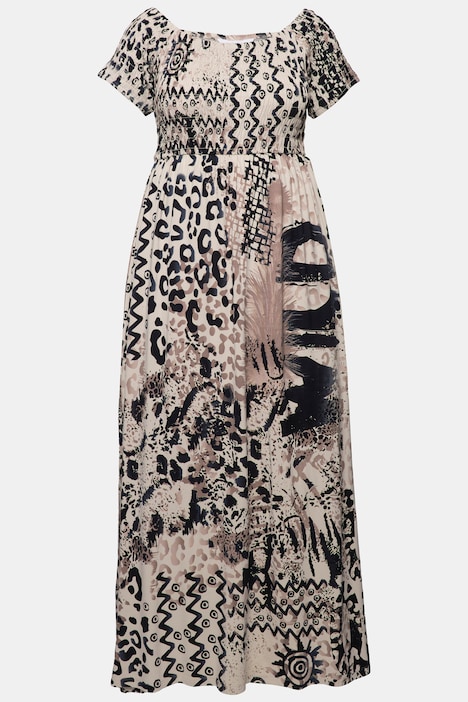 Maxikleid, A-Line, Jersey, Leo-Muster, gesmokte Büste, Halbarm