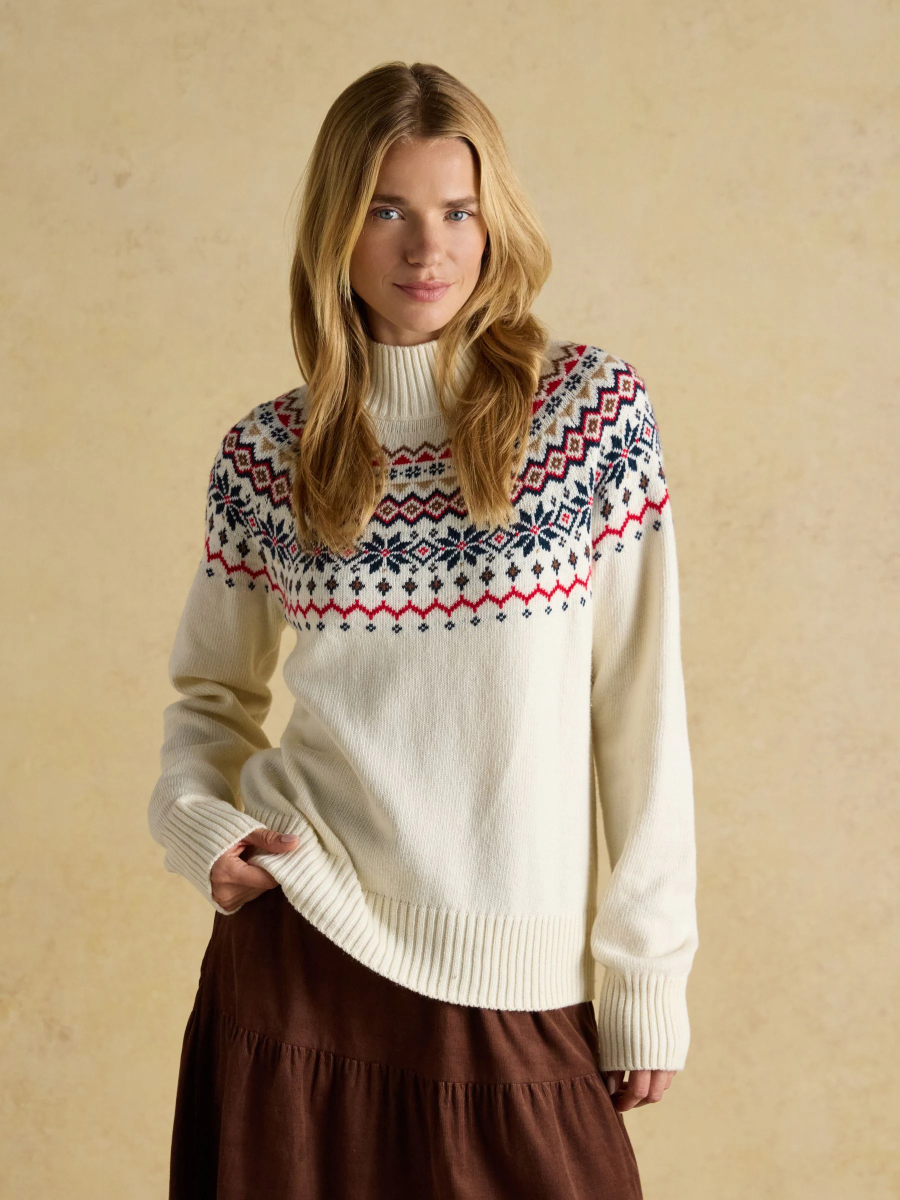 Crème - Joules Alba Fair Isle High Neck Cotton-Blend Jumper
