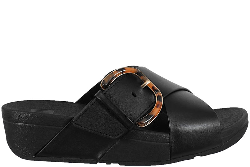 FITFLOP LULU RESIN-BUCKLE LEATHER CROSS SLIDES BLACK SLENTER