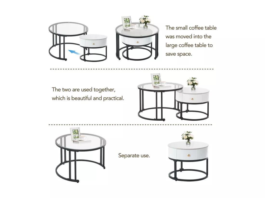 Lot de 2 Tables Basse Gigognes avec Tiroir - Plateaux Verre et Motif Marbre - Table d'Appoint - Blanc