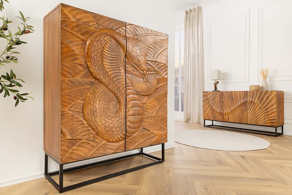 Massives Highboard SNAKE 120cm braun schwarz Mangoholz Schlangen-Design mit aufwendigen 3D Schnitzereien
