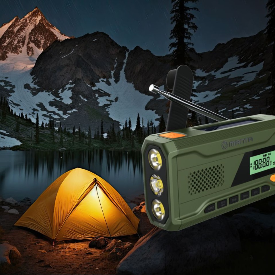 Manta - Bærbar nødradio FM-radio, solenergi powerbank, lommelygte
