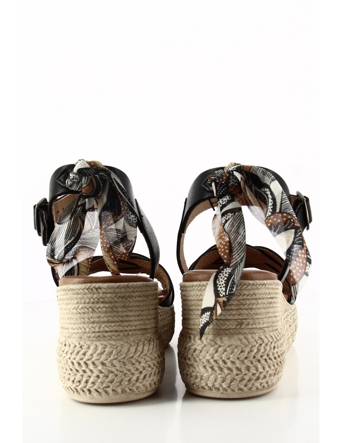 goodstep Sandales Compensées Chantal Cuir Noir et Foulard