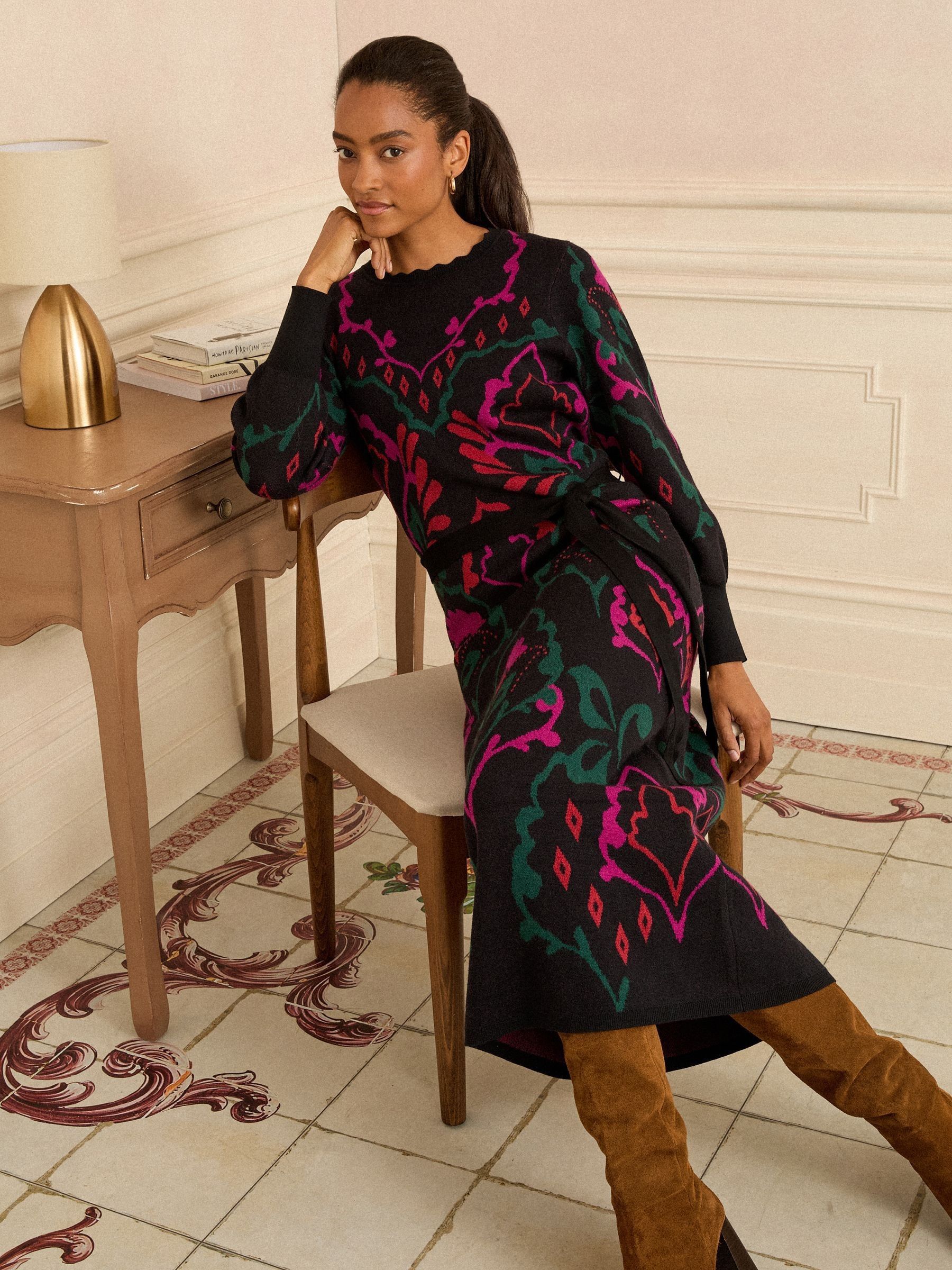 Zwarte Bloemenjacquard - Love & Roses gebreide midi-jurk