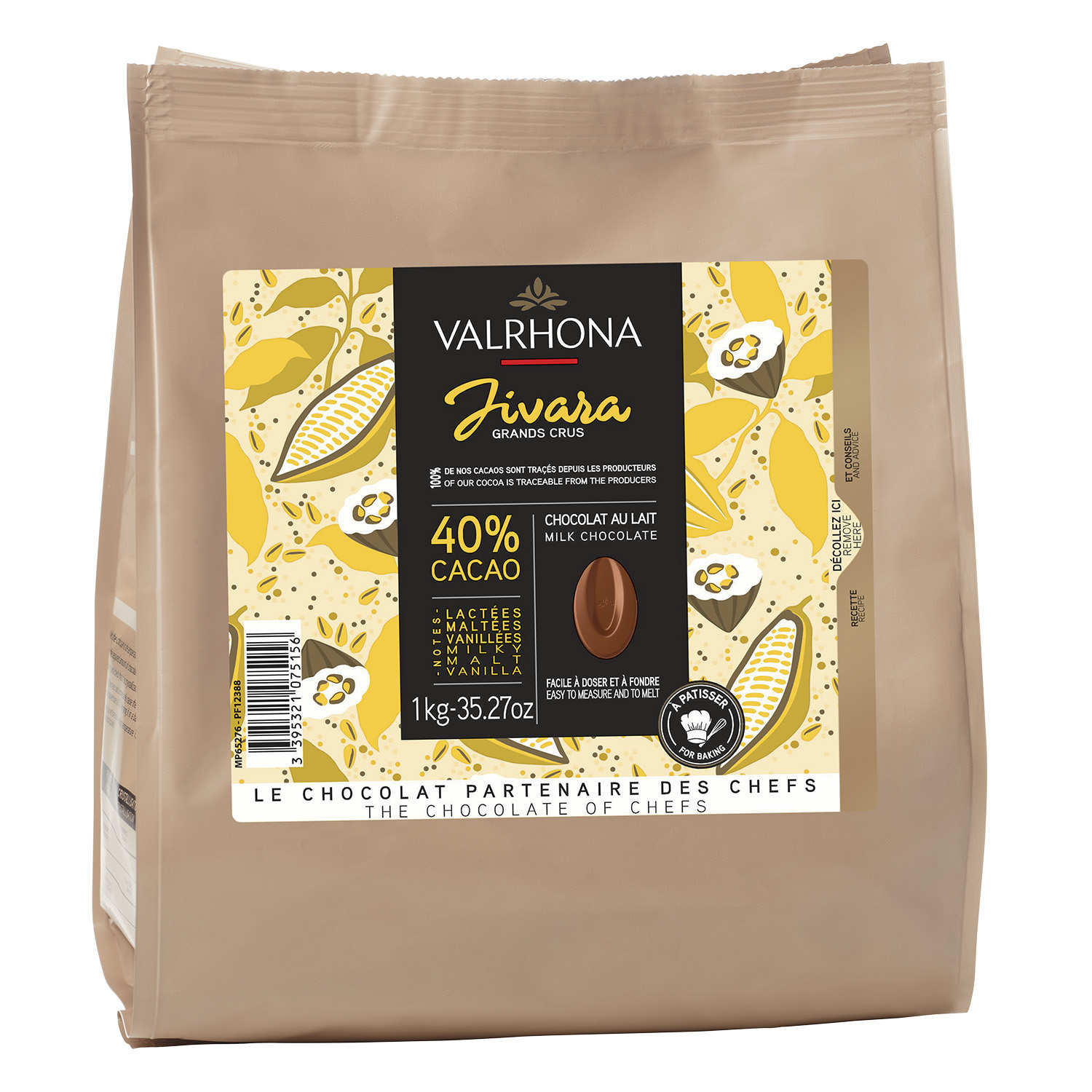 Chocolat au lait de couverture Valrhona en fèves Jivara Grand Cru 40%