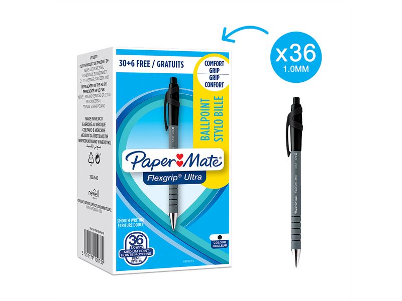 Paper Mate Kugelschreiber Flexgrip Ultra 1 mm, Schwarz,  36 Kugelschreiber-Set für Schule oder Büro