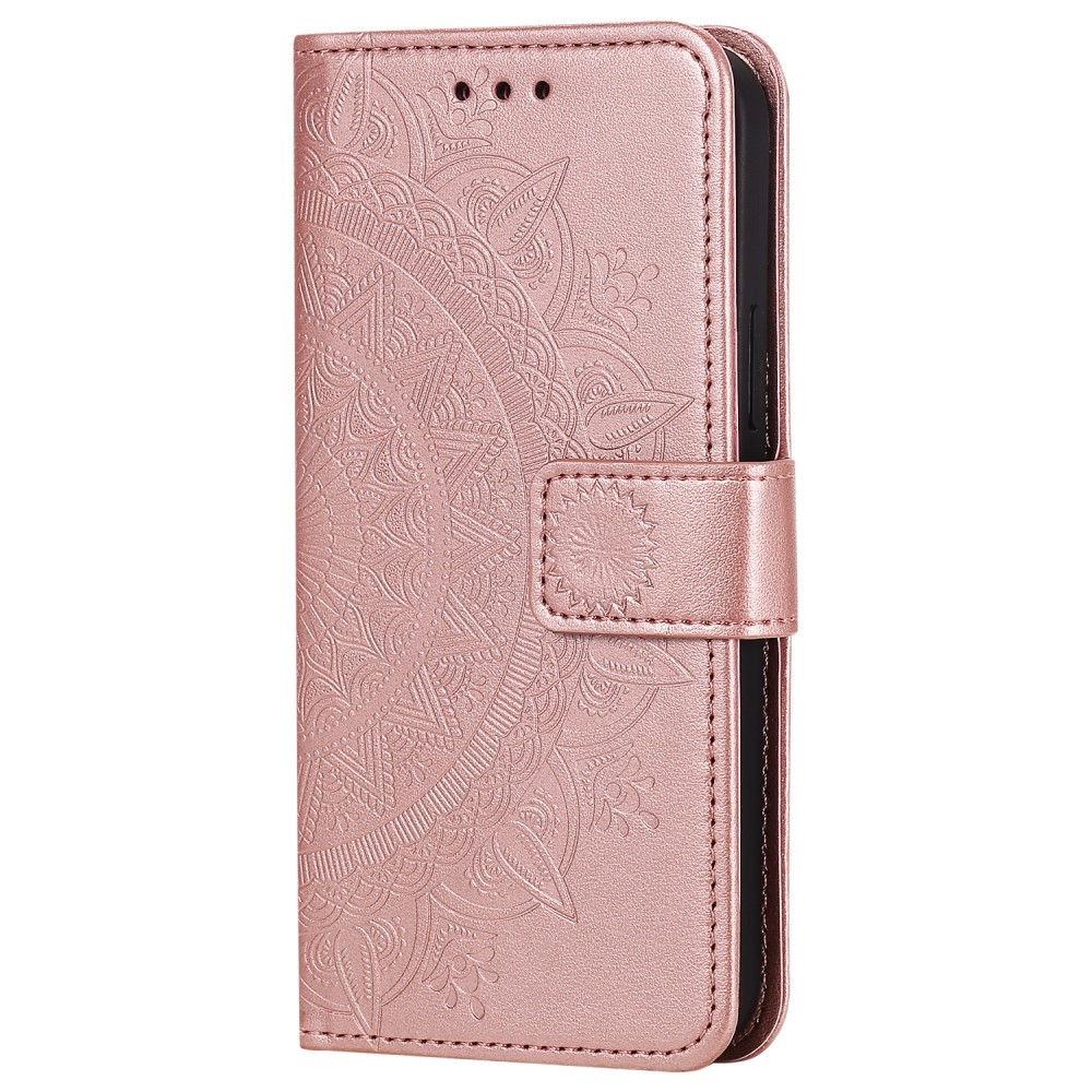 iPhone 12 / iPhone 12 Pro Leder Tasche Wallet - Mandala Flowers Imprint - Roségold