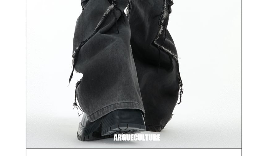 kooklay - Mid Rise Washed Fray Panel Wide Leg Cargo Jeans