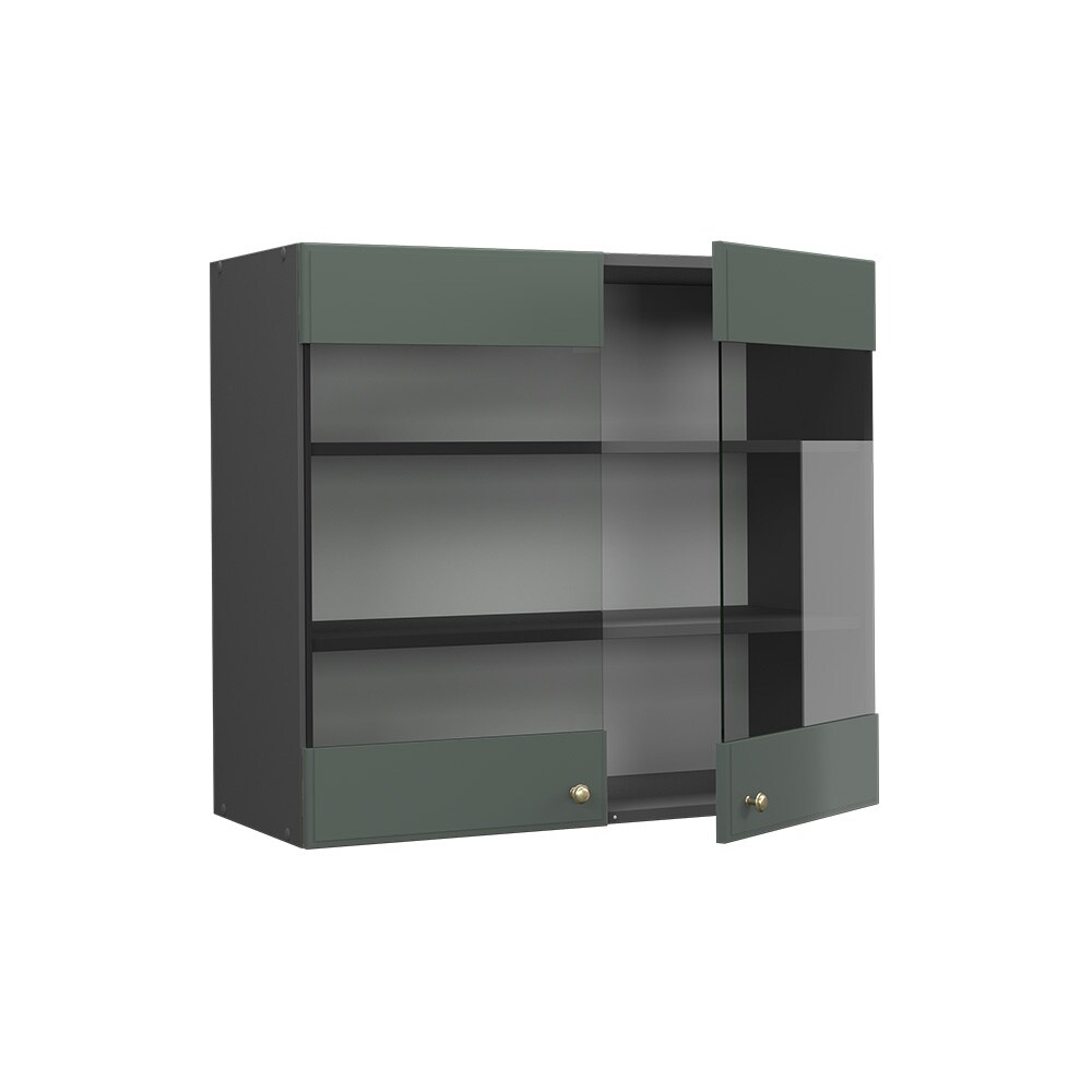 Vicco Hängeglasschrank Küchenschrank Küchenmöbel Fame-Line Anthrazit Grün-Gold Landhaus 80 cm Küche Einbauküche Hängeschrank Glasschrank Drehtür Einlegeboden Küchenzeile