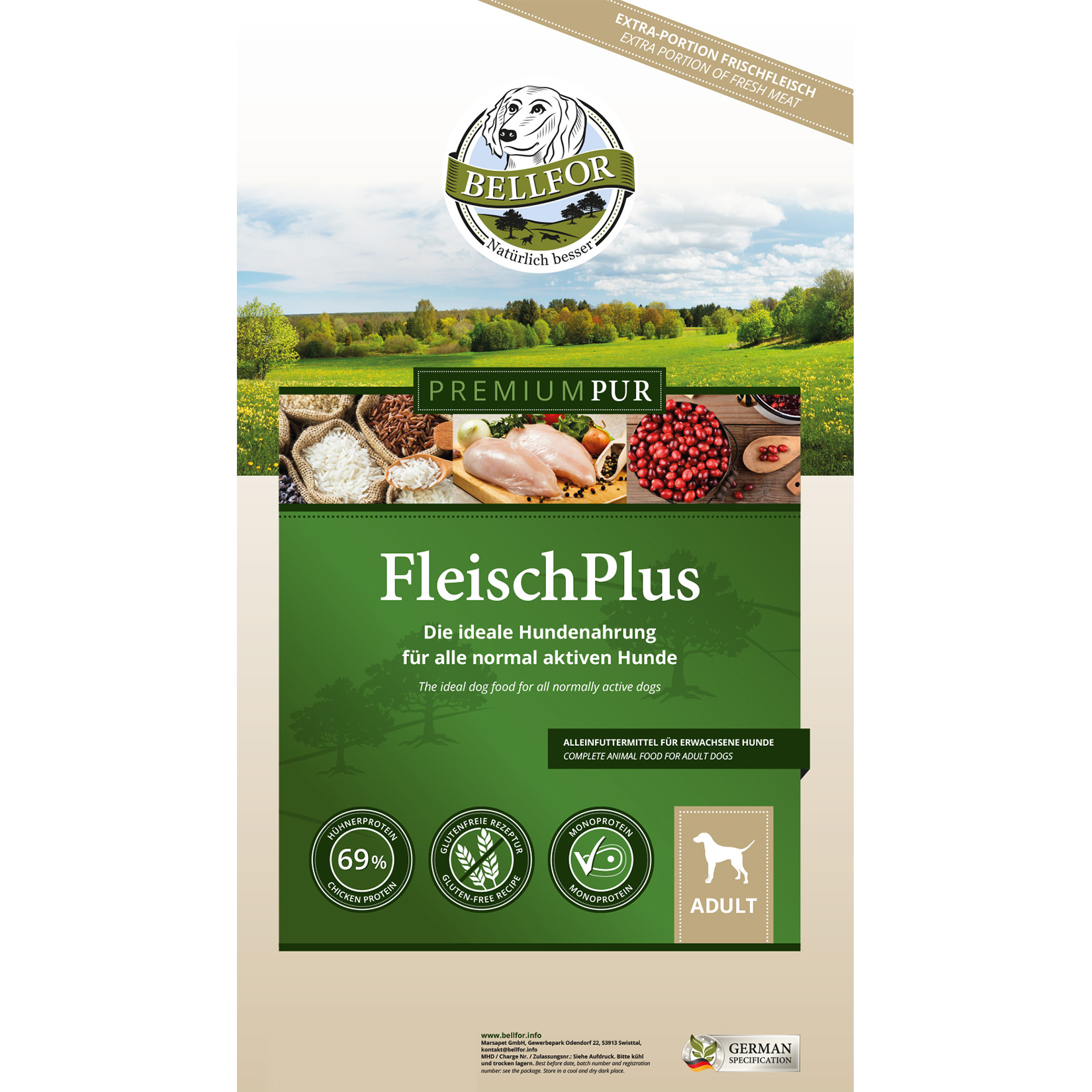 Nourriture pour chien sans gluten avec de la viande de poulet - premium pur fleischplus - 10 kg