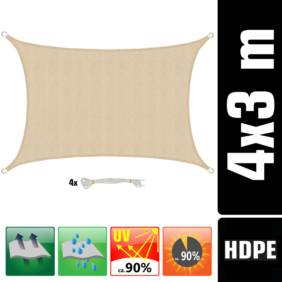 AMANKA 3 x 4 Luchtdoorlatend UV schaduwdoek - Beige