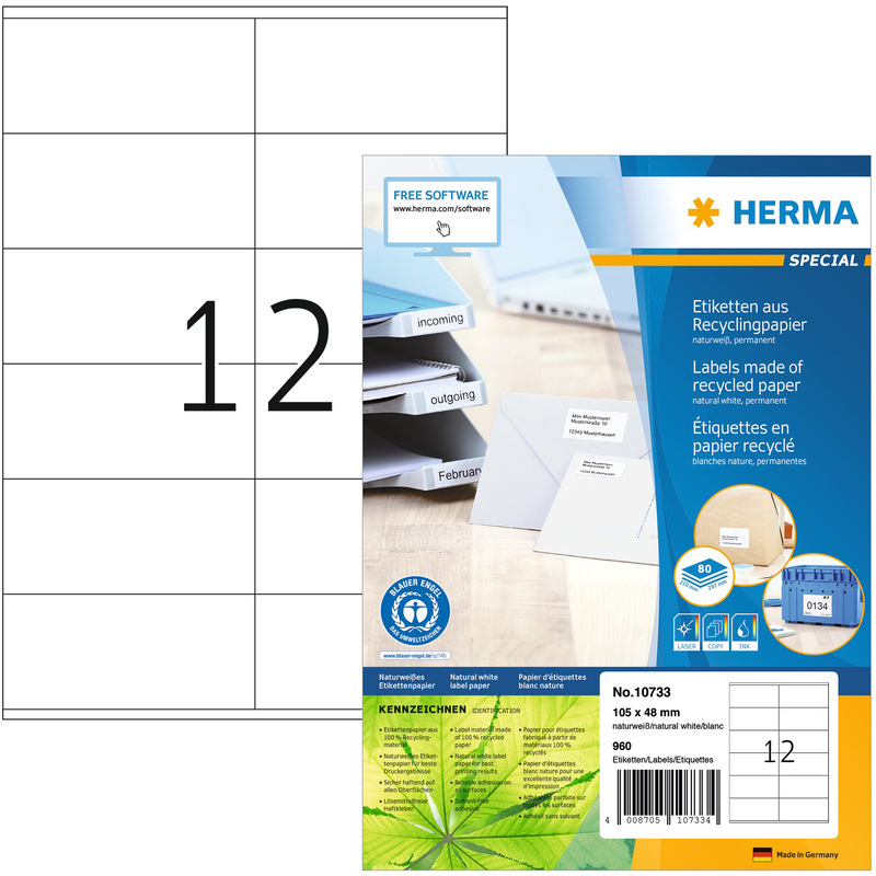 Herma Etiketten Recycling, 10733, 105 x 48 mm, 80 Blatt