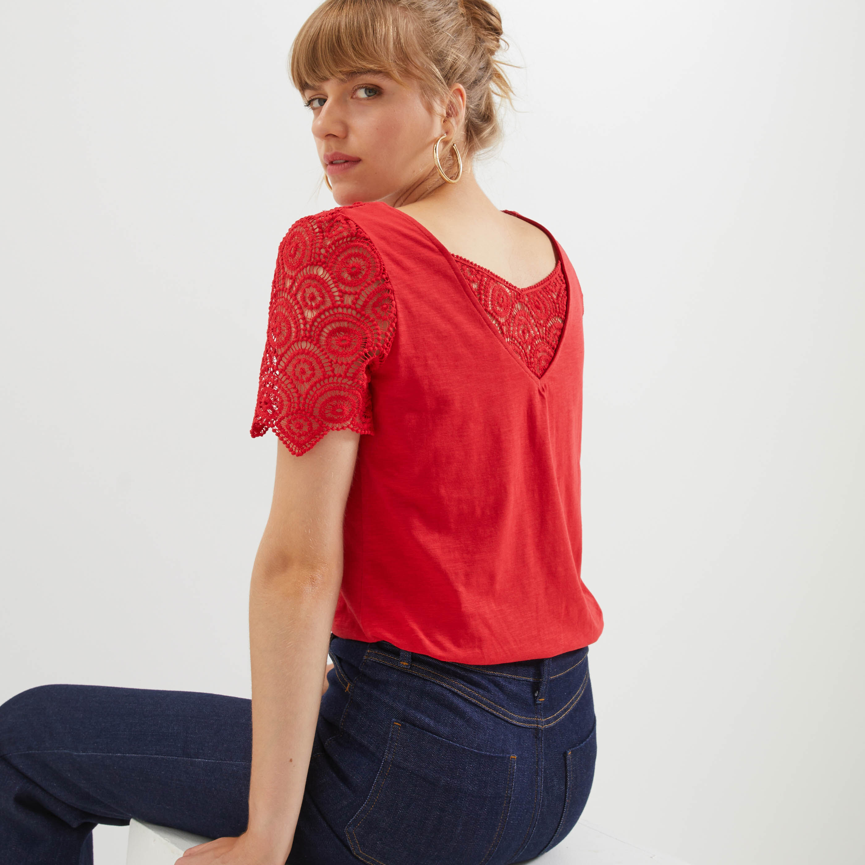 Tshirt guipure femme - ROUGE