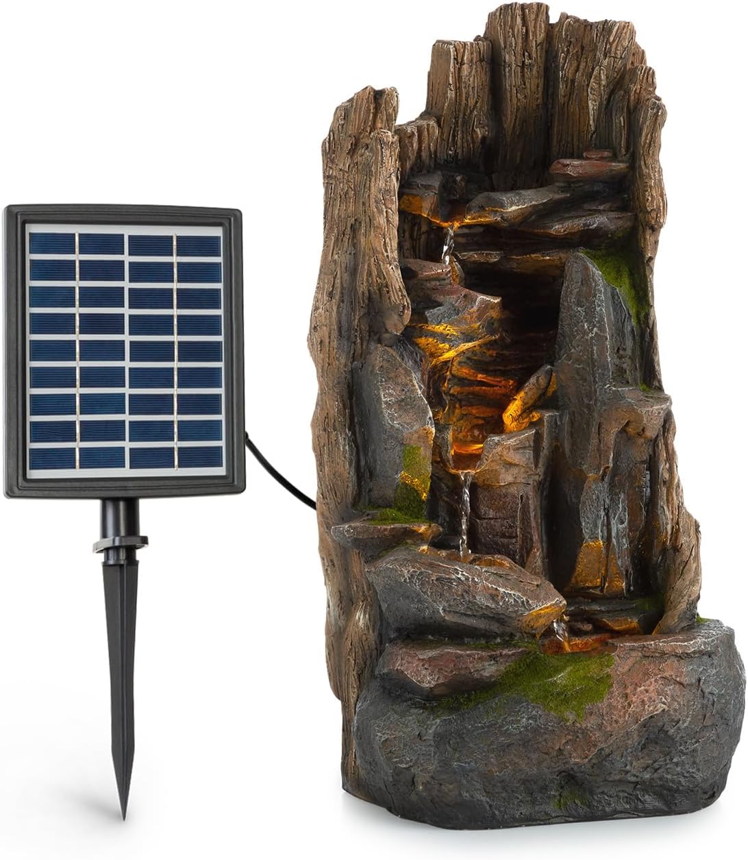 Blumfeldt Mystic Tree Solarbrunnen, inkl. Solarpanel, Lithium-Ionen-Akku (ca. 5h Laufzeit), LED-Beleuchtung, Polyresin| frostbeständig, für drinnen und draußen, Holzoptik