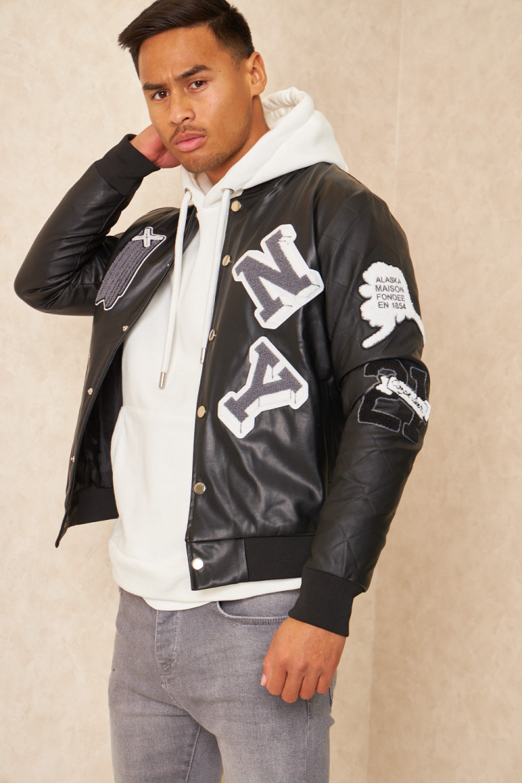 Bomber en simili cuir noir brodée 