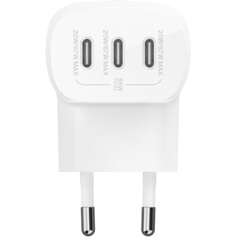 Chargeur et câble d'alimentation PC Belkin secteur 3 ports USB-C 67W, avec câble d'un mètre USB-C vers USB-C inclus, blanc.