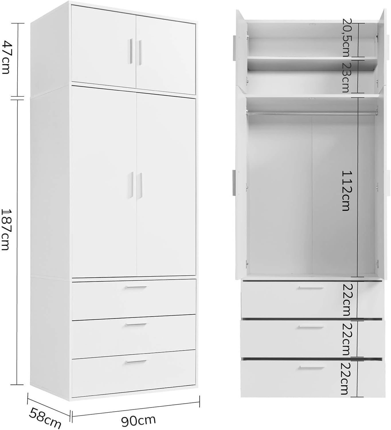mokebo Kleiderschrank 234cm Höhe in Weiß 2-türig & 3 Schubladen 'Der Grenzenlose', deckenhoher Schlafzimmerschrank, Garderobenschrank, Drehtürenschrank o. Schrank Holz in 90x234x58 (BxHxT)