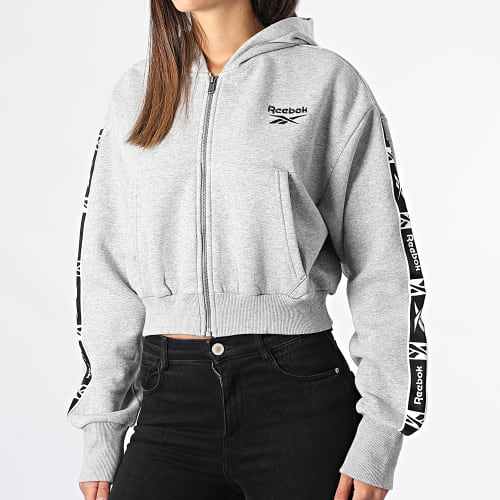 Sweat Zippé Capuche Femme Crop A Bandes HT3535 Gris Chiné