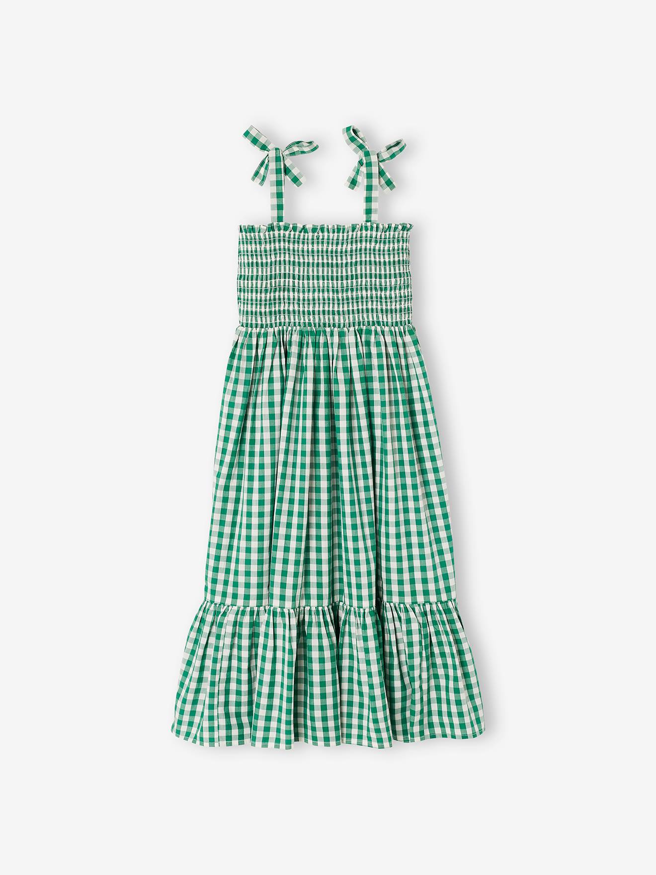 Vestido longo com detalhes franzidos, para menina, xadrez verde médio.