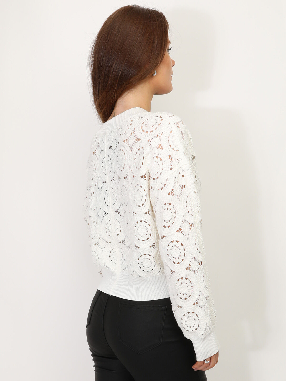Gilet court crochet à boutons nacrés- Blanc