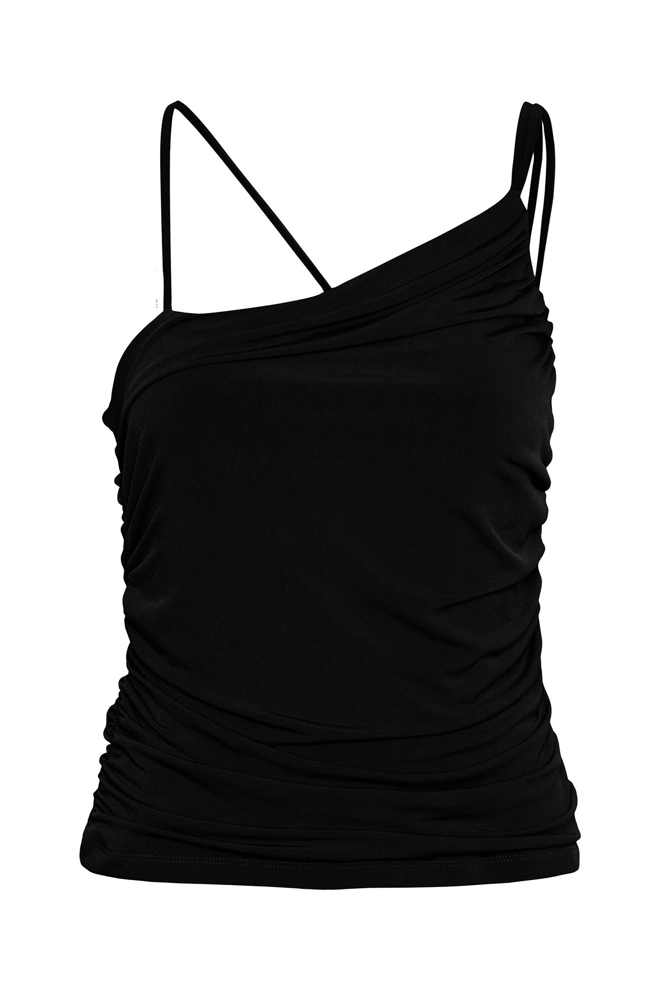 Top assimétrico de alças finas com costuras franzidas - Preto