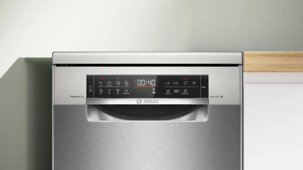 Bosch SPS6YMI14E, Serie 6, Smarter Freistehender Geschirrspüler 45 cm, Besteckschublade, Spülmaschine mit Zeolith Trocknung, besonders leise, höhenverstellbarer Oberkorb, Favoritenprogramm, AquaStop